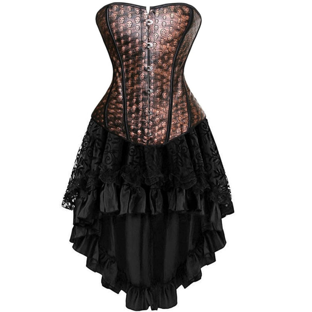 Leather Corset Dress Sexy Skull Bustier Tops Skirt Set Overbust Corselet Burlesque Gothic Vintage