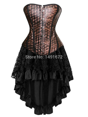 Leather Corset Dress Sexy Skull Bustier Tops Skirt Set Overbust Corselet Burlesque Gothic Vintage