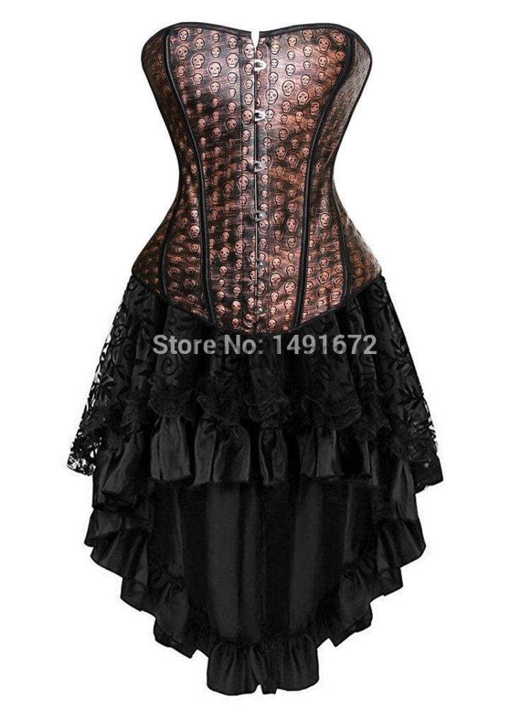 Leather Corset Dress Sexy Skull Bustier Tops Skirt Set Overbust Corselet Burlesque Gothic Vintage