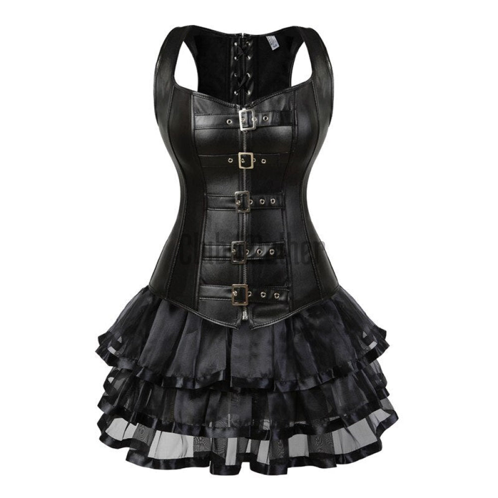 Steampunk Corset Dress Sexy Womens Leather Overbust Corsets Bustiers Straps Gothic Body Shaper Mini