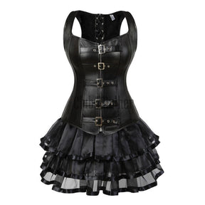 Steampunk Corset Dress Sexy Womens Leather Overbust Corsets Bustiers Straps Gothic Body Shaper Mini