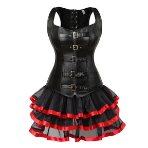 Steampunk Corset Dress Sexy Womens Leather Overbust Corsets Bustiers Straps Gothic Body Shaper Mini