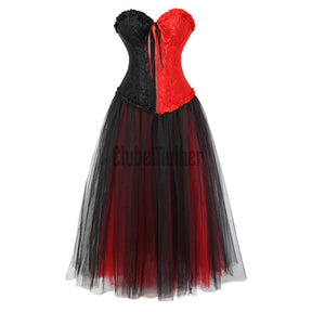 Red And Black Corset Costume Zipper Front Bustier Dress Long With Skirt Set Burlesque Halloween