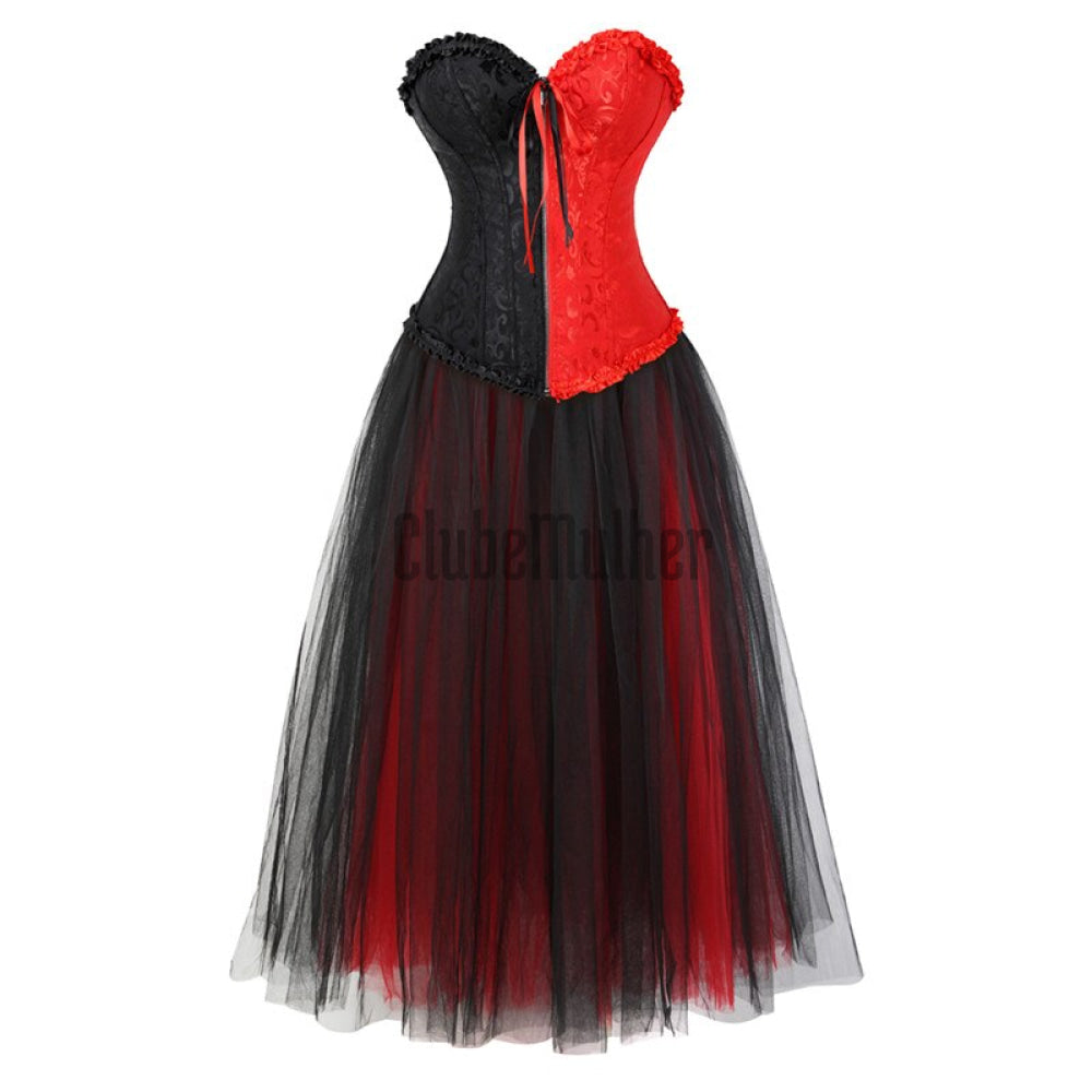 Red And Black Corset Costume Zipper Front Bustier Dress Long With Skirt Set Burlesque Halloween