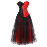 Red And Black Corset Costume Zipper Front Bustier Dress Long With Skirt Set Burlesque Halloween