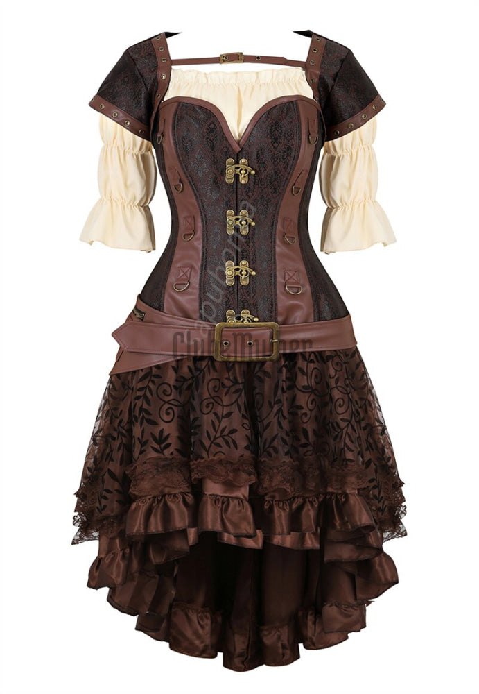 Sapubonva Steampunk Corset Dress Women 3Pcs Skirt Set Bustier Top Sexy Plus Size Vintage Gothic Punk