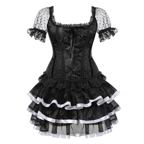 Sapubonva Corset Dress Skirt Set Women Plus Size Shoulder Straps Bustier Zipper Lace Flower Corselet