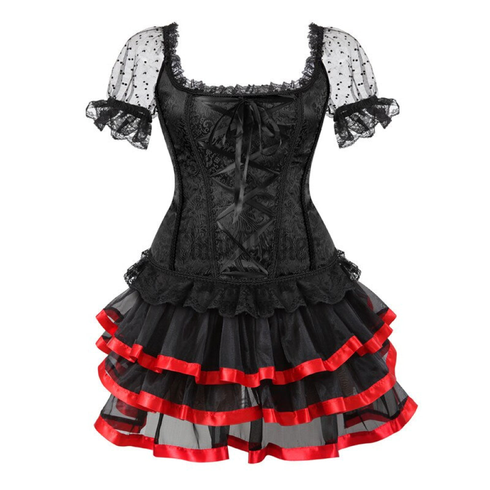 Sapubonva Corset Dress Skirt Set Women Plus Size Shoulder Straps Bustier Zipper Lace Flower Corselet