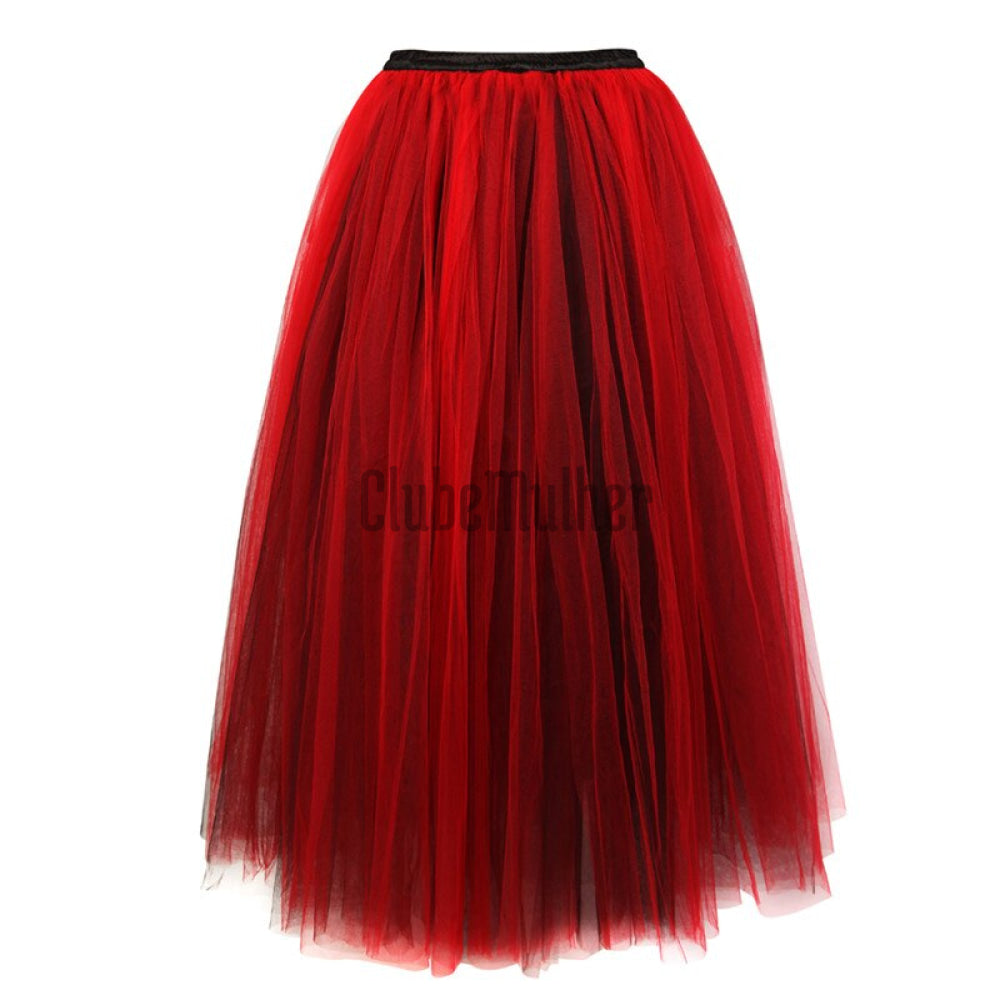 Sapubonva Skirts Long Maxi Elastic Corset Fluffy Tulle Skirt Ruffled Chiffon Lace Midi Gothic Red